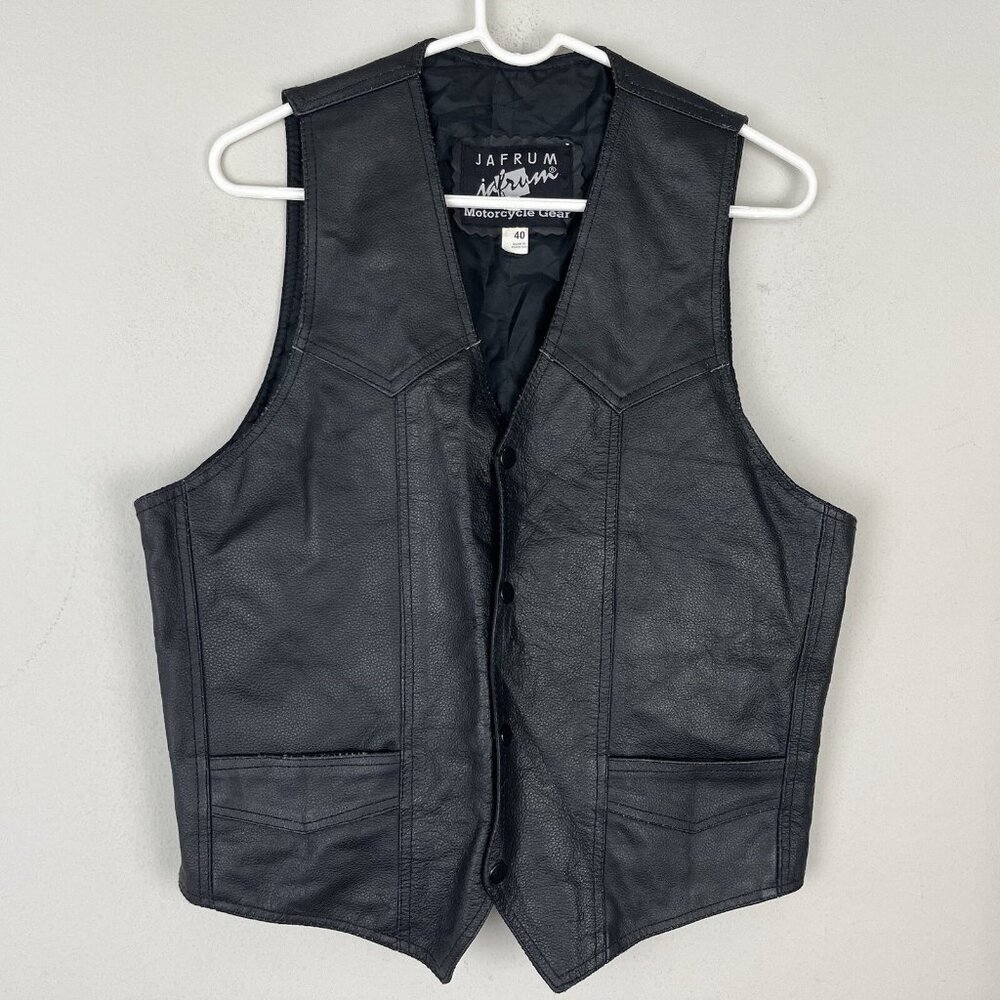 JAFRUM MOTORCYCLE GEAR Leather Biker Vest Men’s Sz 40 Black Snap Western Grunge